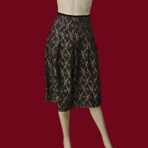 VTG TREVAN Black and Silver Floral Jacquard Velvet Trim Pleated Drop Waist Skirt
